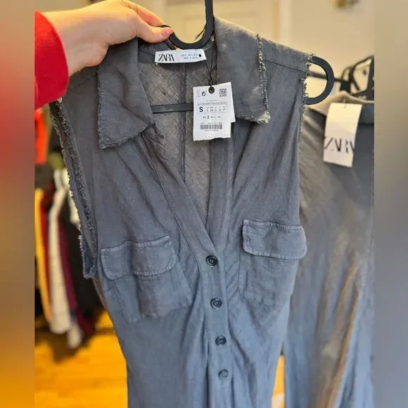 New ZARA LINEN SHIRTDRESS size XS S long Midi 100% linen Sleeveless V-neck dress - Picture 16 of 16